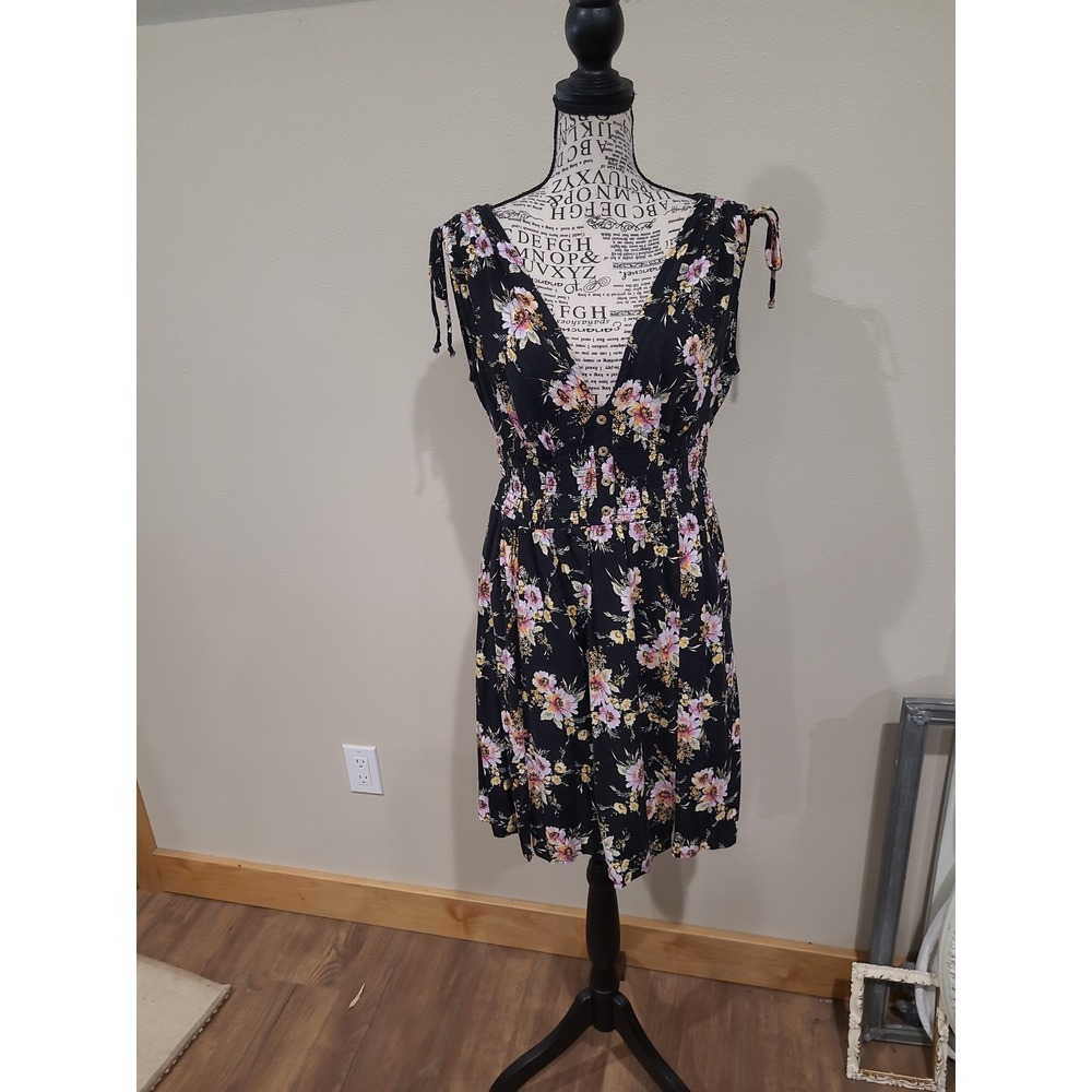 Cottage Core Black Floral print mini dress V neck & back smocking Women SZ L